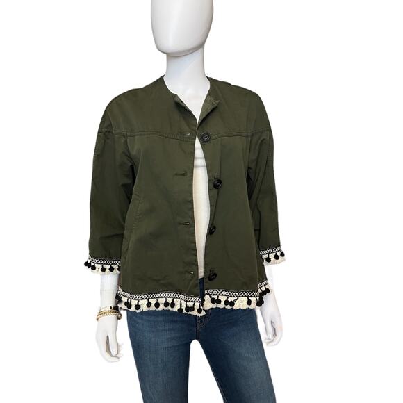 Zara Olive Army Green Twill Pom Pom 3/4 Sleeve Lightweight Jacket, XS - Picture 3 of 7